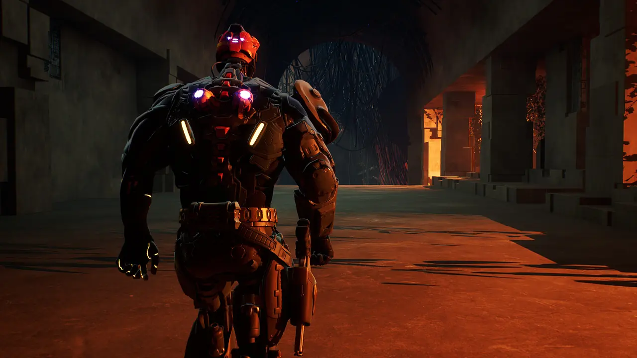 An armored character with glowing blue lights seen from behind in a dark industrial corridor