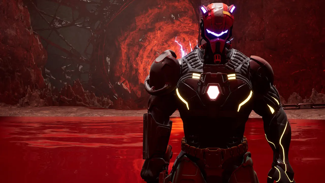 A close view of an armored figure with glowing red and white trim in a red-lit room