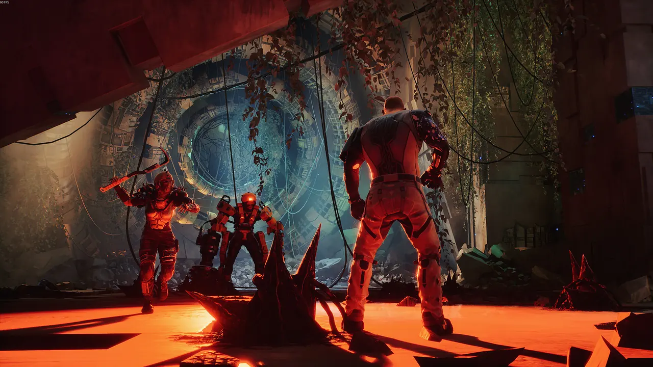 The player facing several red-lit enemies in a ruined tunnel with a circular gate