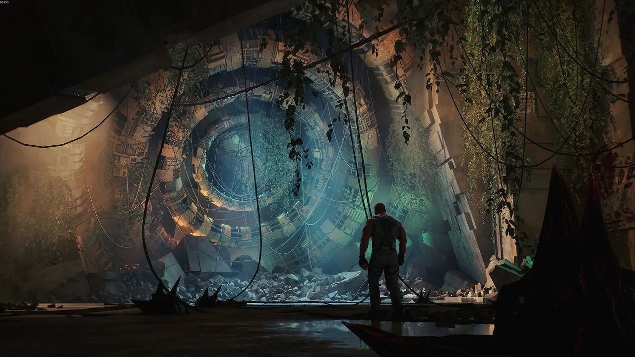A lone figure standing before a large circular ruined gate in a mossy stone chamber