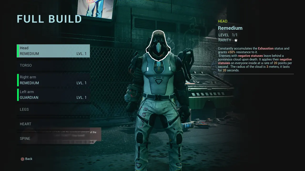 The in-game FULL BUILD screen showing a hooded armored character and a text panel