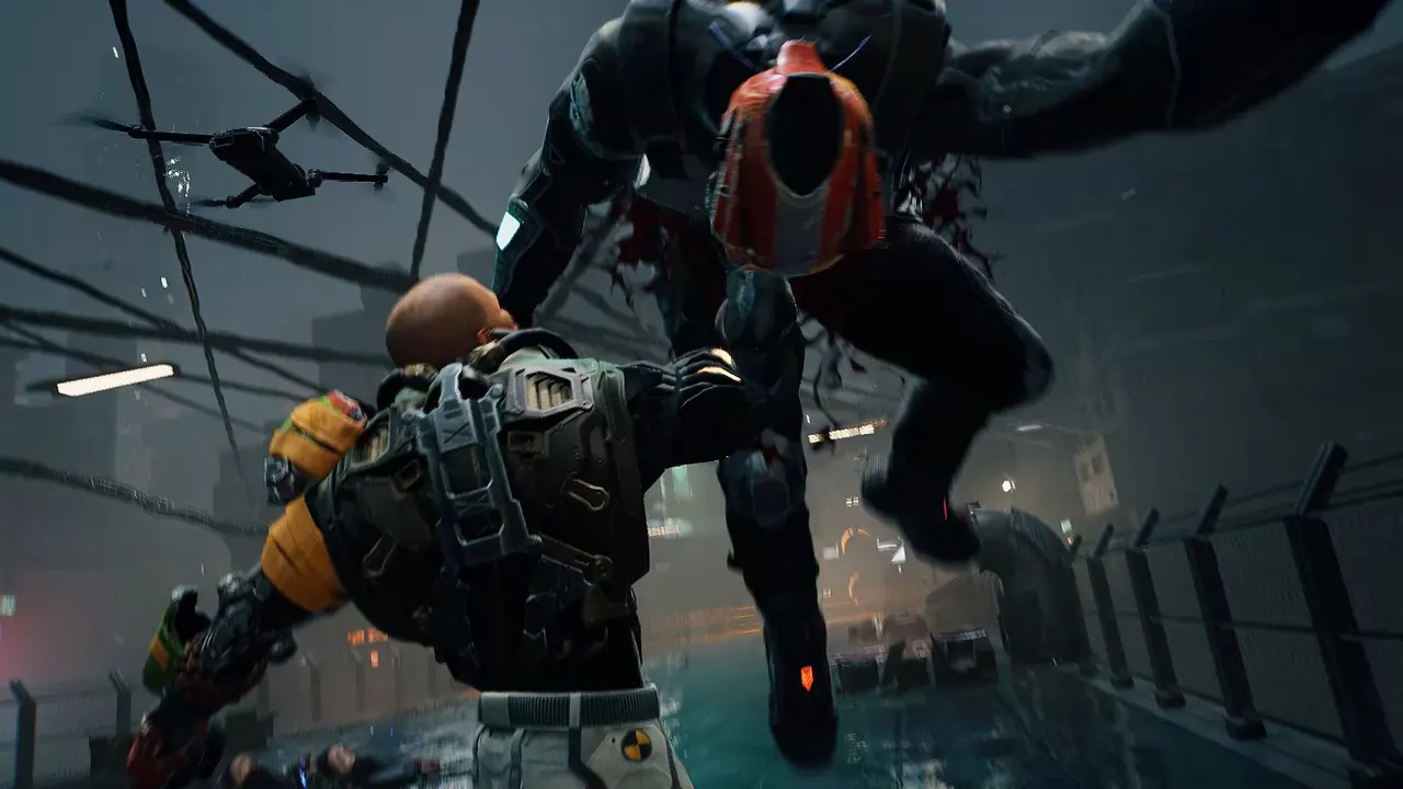 A large enemy leaping toward the player in a tight arena